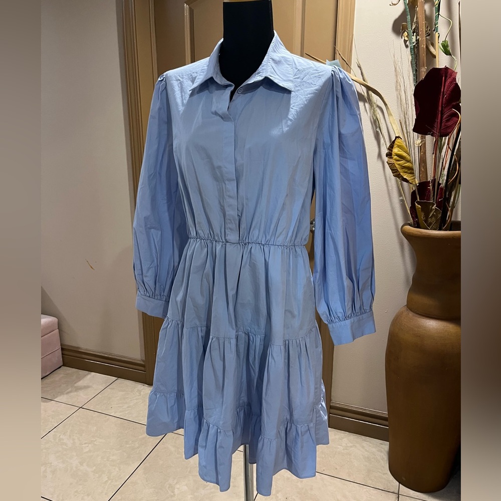 Stellah Light Blue Long Sleeve Tiered Shirt Dress